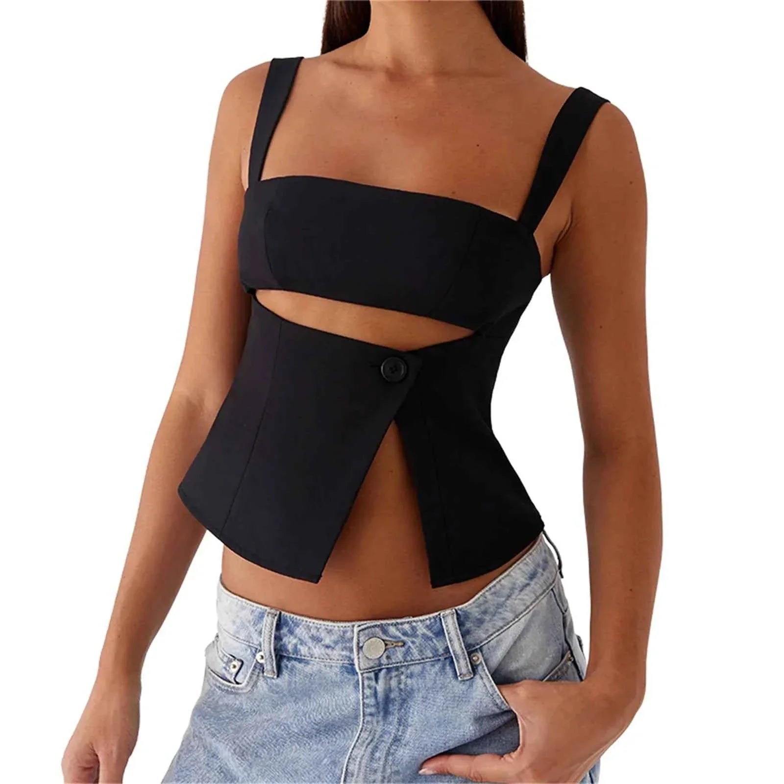Women Crop Top Split Hem Cutout Backless Tank Top