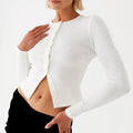 Women Crop Top Summer Knit Ribbed Button Front Long Sleeve