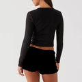 Women Crop Top Summer Knit Ribbed Button Front Long Sleeve