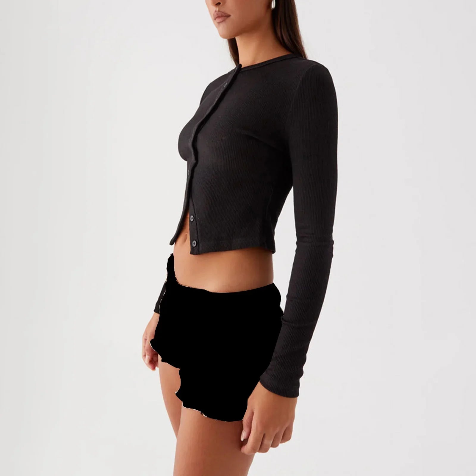Women Crop Top Summer Knit Ribbed Button Front Long Sleeve