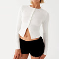 Women Crop Top Summer Knit Ribbed Button Front Long Sleeve - WHITE / XL