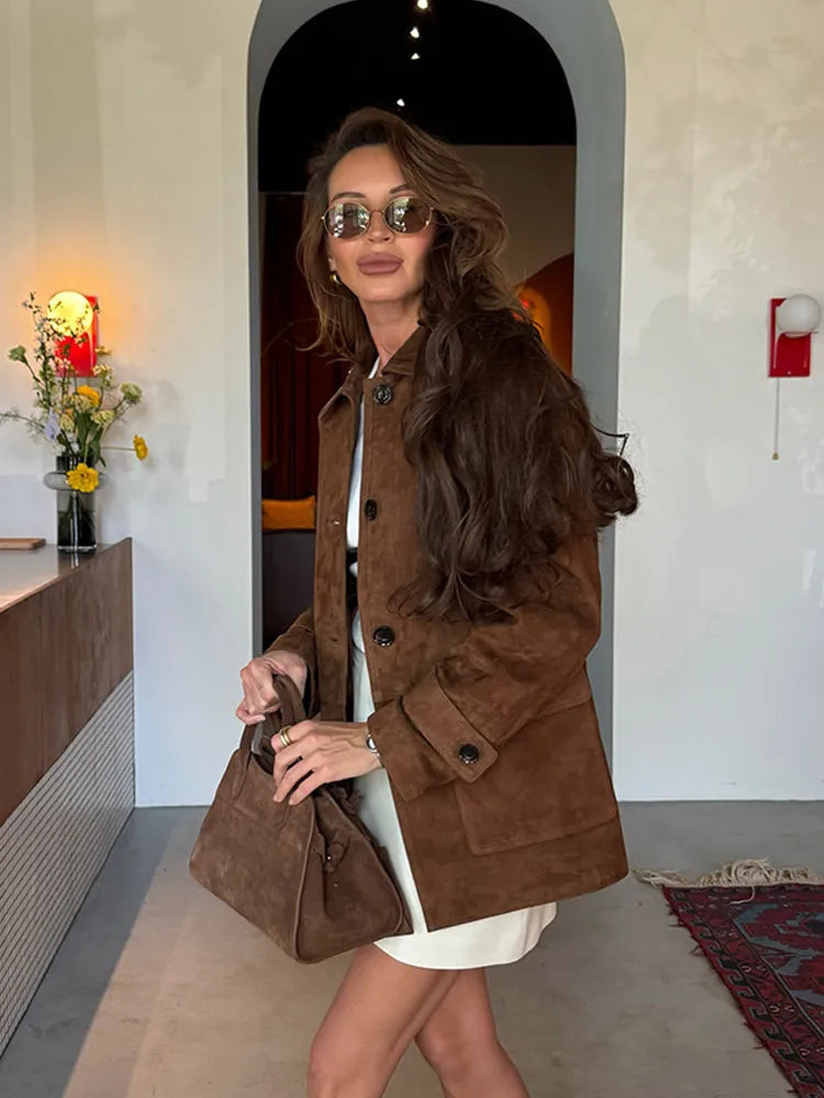 Women Dark Brown Suede Coat
