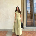 Women Elegant Green Pleated Dress O Neck Short Sleeve Patchwork Long