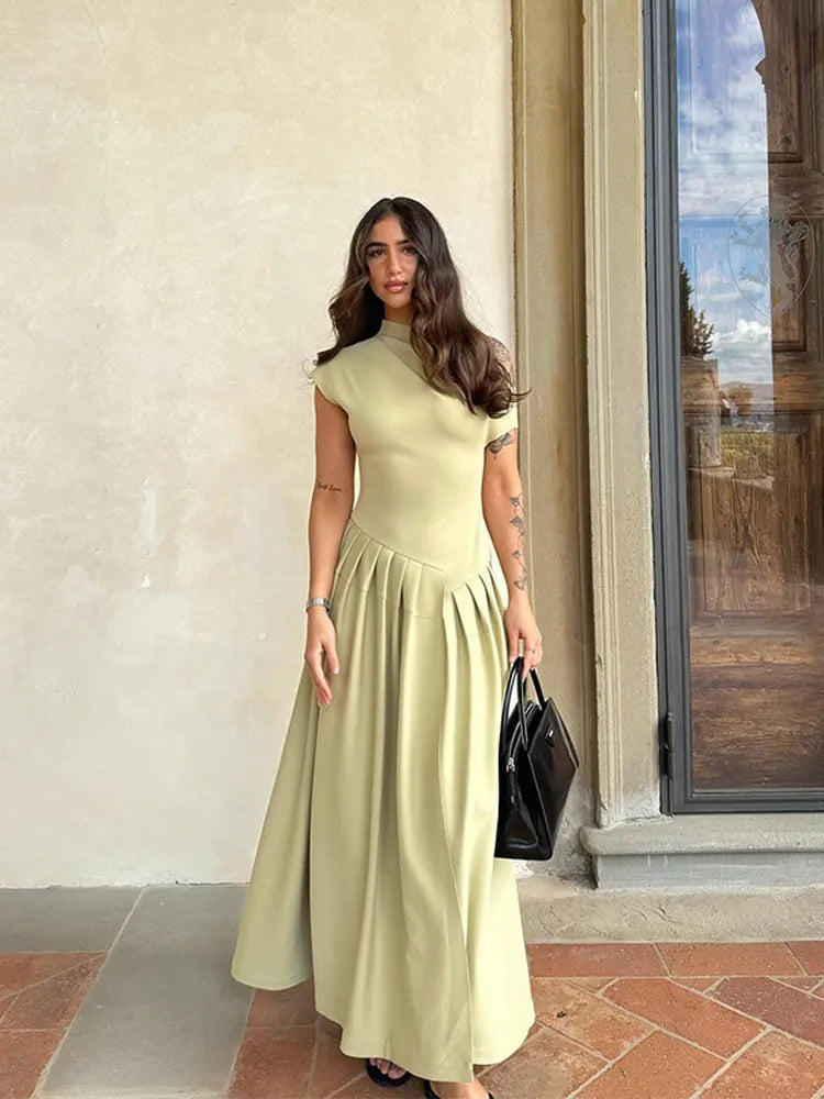 Women Elegant Green Pleated Dress O Neck Short Sleeve Patchwork Long