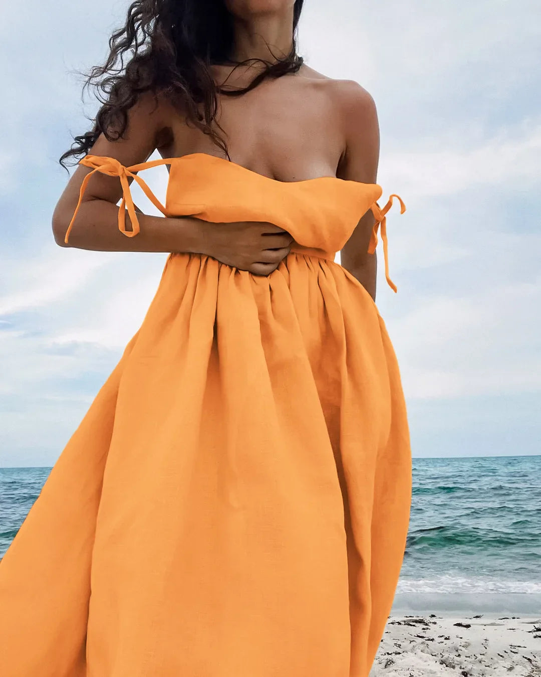 Women Elegant Lace-Up Pockets A-Line Dress - Orange / L