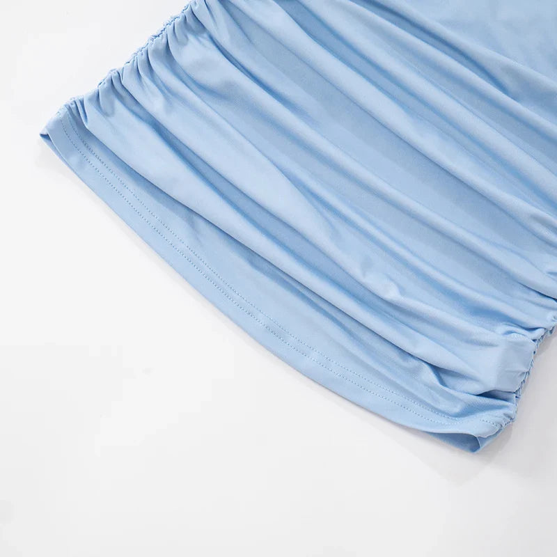 Women Elegant Slant Shoulder Twisted Mesh Patchwork Strapless Tank Top - Blue / L