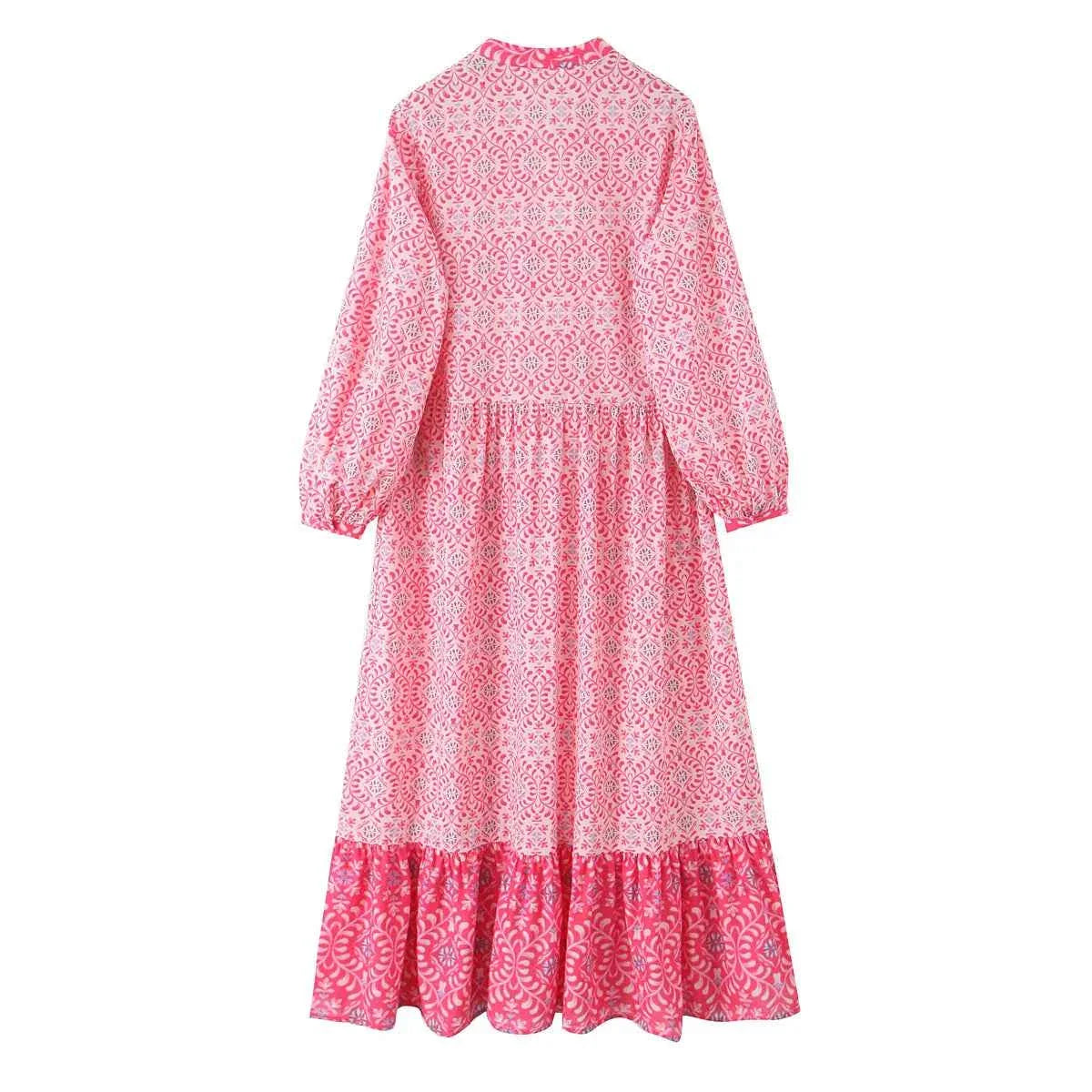 Women Elegant V Neck Floral Print Casual Shirt Midi Dress