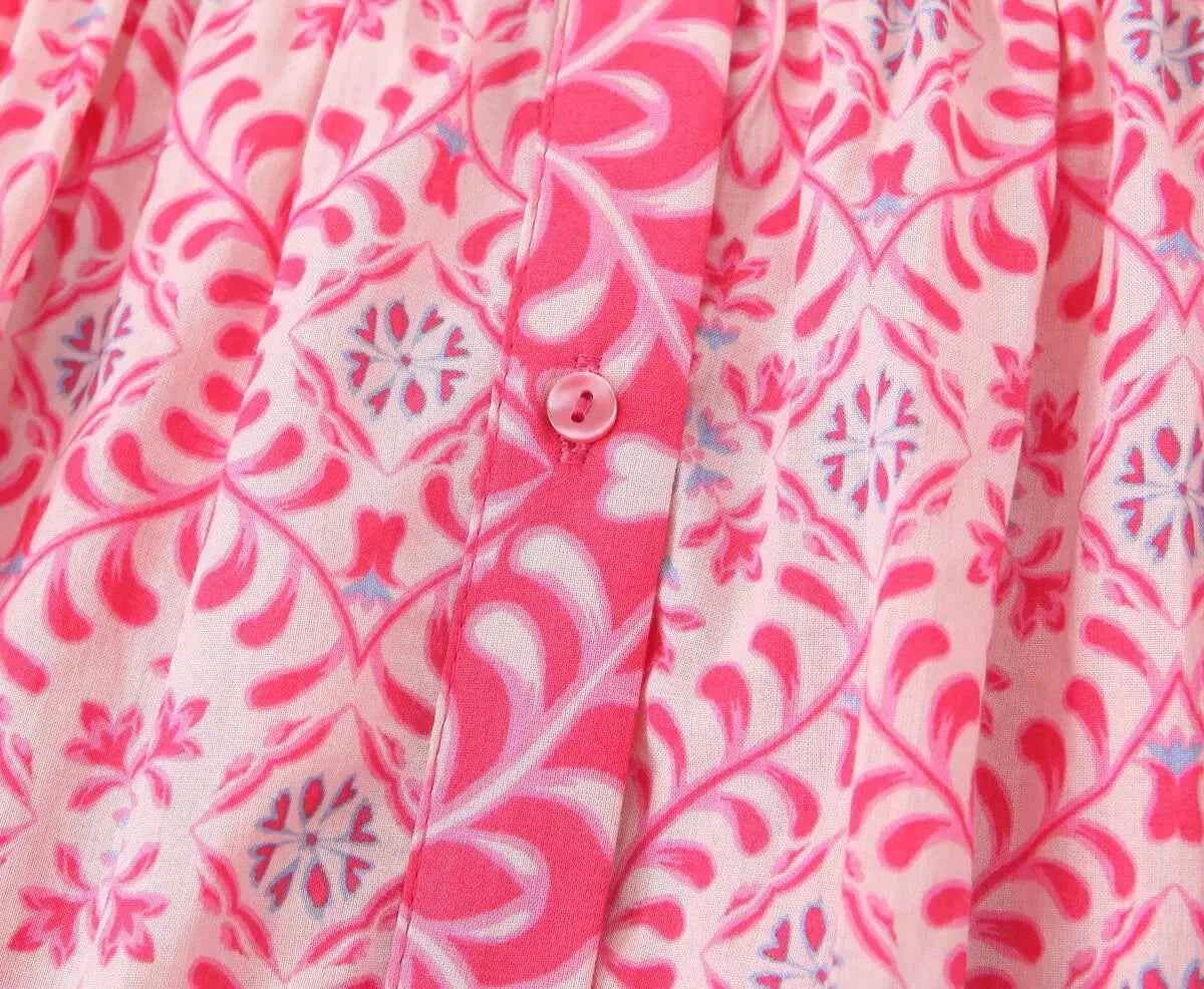 Women Elegant V Neck Floral Print Casual Shirt Midi Dress