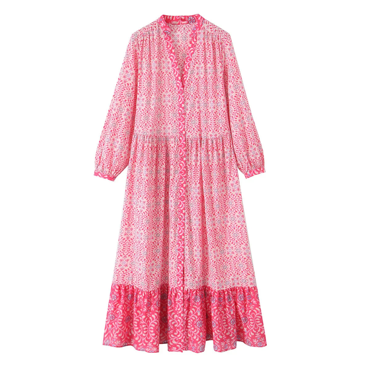 Women Elegant V Neck Floral Print Casual Shirt Midi Dress - MOMO DS9080 / L