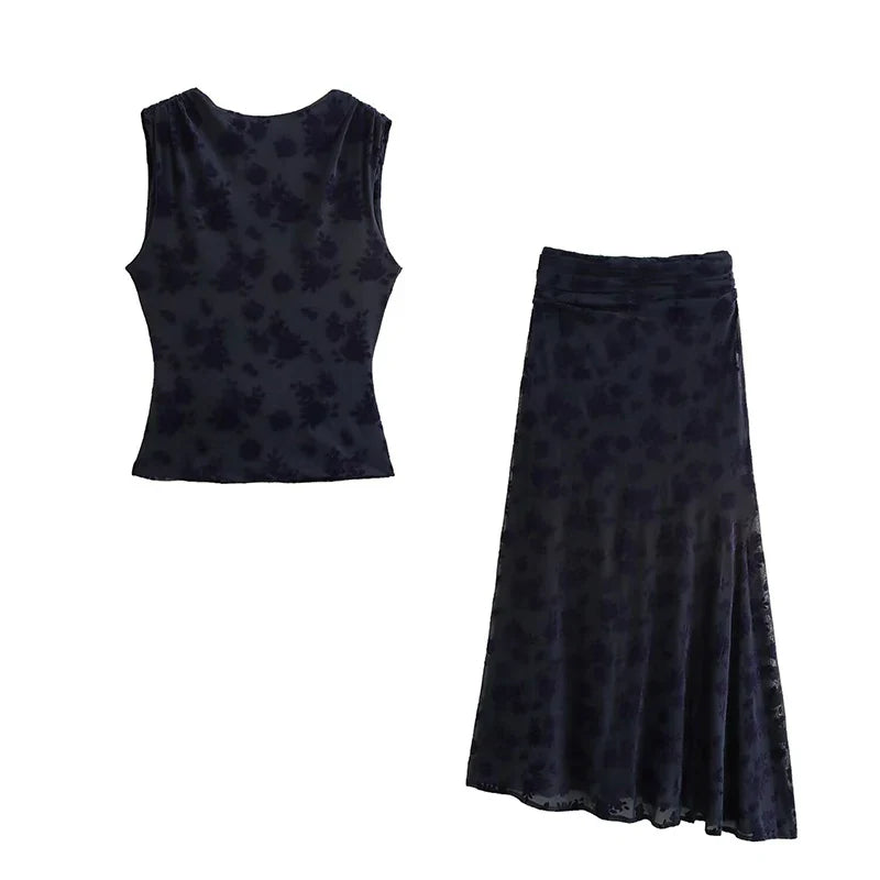 Women Fashion 2 Piece Sets Printed Backless Tank Tops & Vintage Elastic Waist Skirt - Suits / M