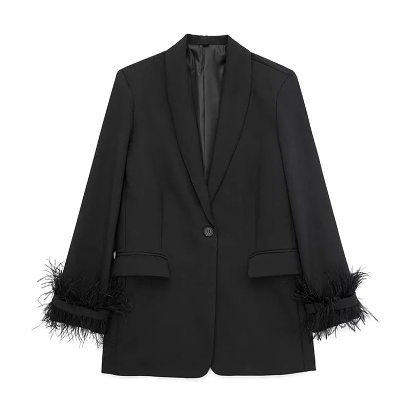 Women Fashion Chic Black With Feather Blazer Jacket