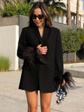 Women Fashion Chic Black With Feather Blazer Jacket