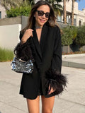Women Fashion Chic Black With Feather Blazer Jacket