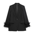 Women Fashion Chic Black With Feather Blazer Jacket - black / M / CHINA