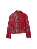 Women Fashion Chic Red Tweed Jacket With Should Pads Female Pockets Buttoned Short Coat
