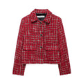 Women Fashion Chic Red Tweed Jacket With Should Pads Female Pockets Buttoned Short Coat - pic 1 / XS