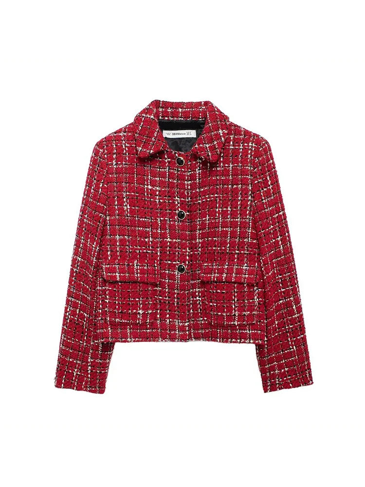 Women Fashion Chic Red Tweed Jacket With Should Pads Female Pockets Buttoned Short Coat