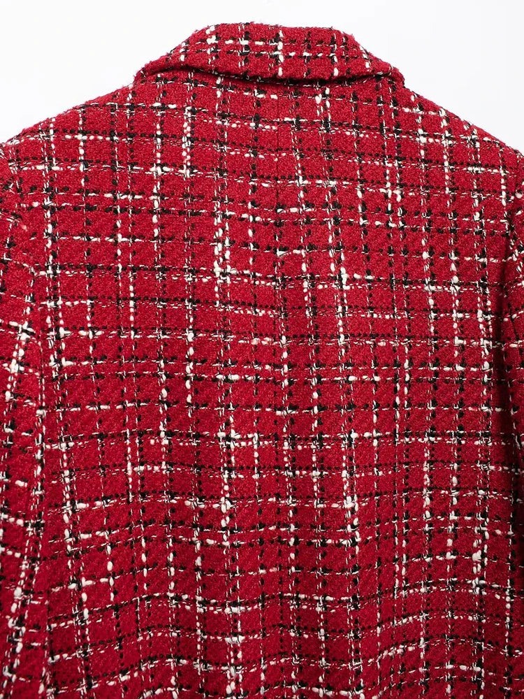 Women Fashion Chic Red Tweed Jacket With Should Pads Female Pockets Buttoned Short Coat