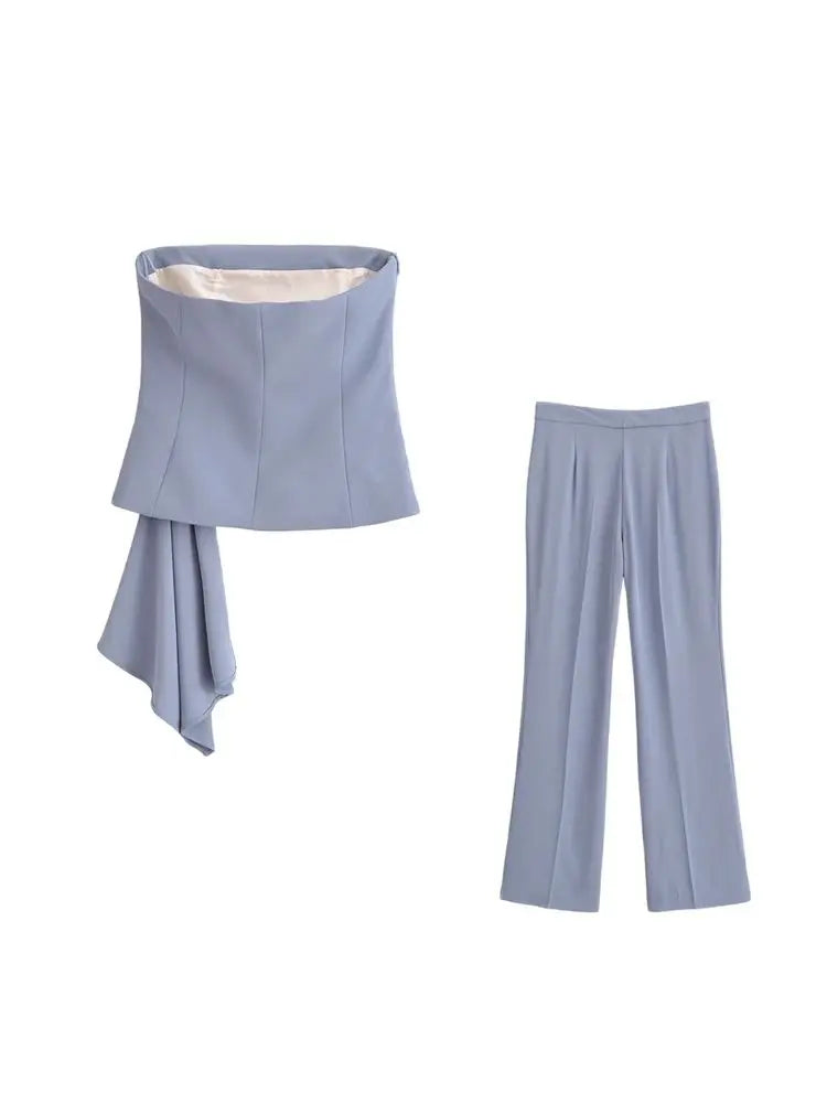 Women Fashion Draped Bustier Tops And High Waist Side Pockets Flared Pants