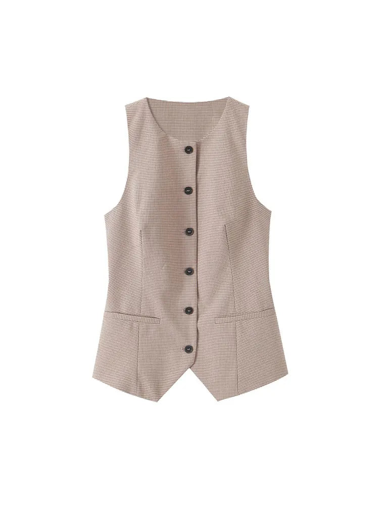 Women Fashion Fitted Round Neck Waistcoat And Mid Waist Pleated Skort