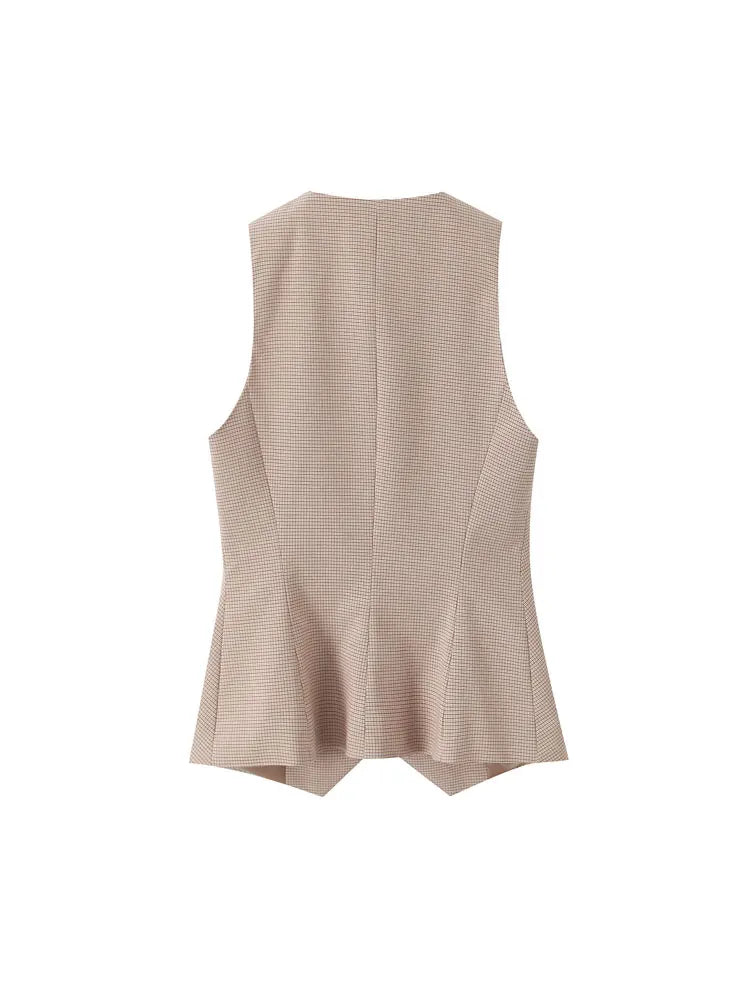 Women Fashion Fitted Round Neck Waistcoat And Mid Waist Pleated Skort