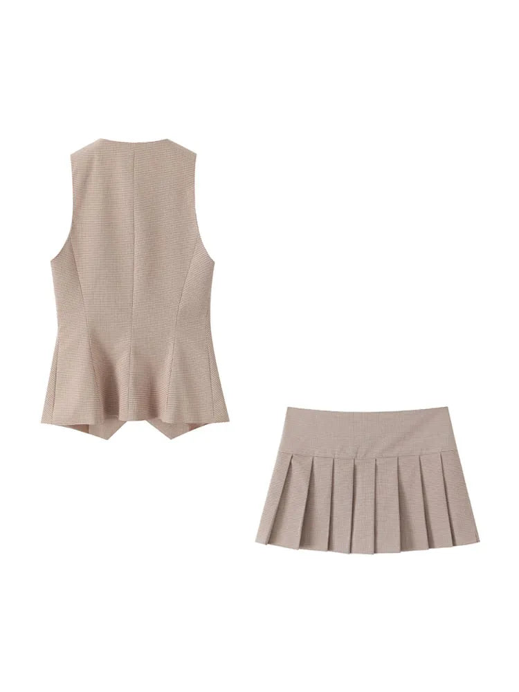 Women Fashion Fitted Round Neck Waistcoat And Mid Waist Pleated Skort