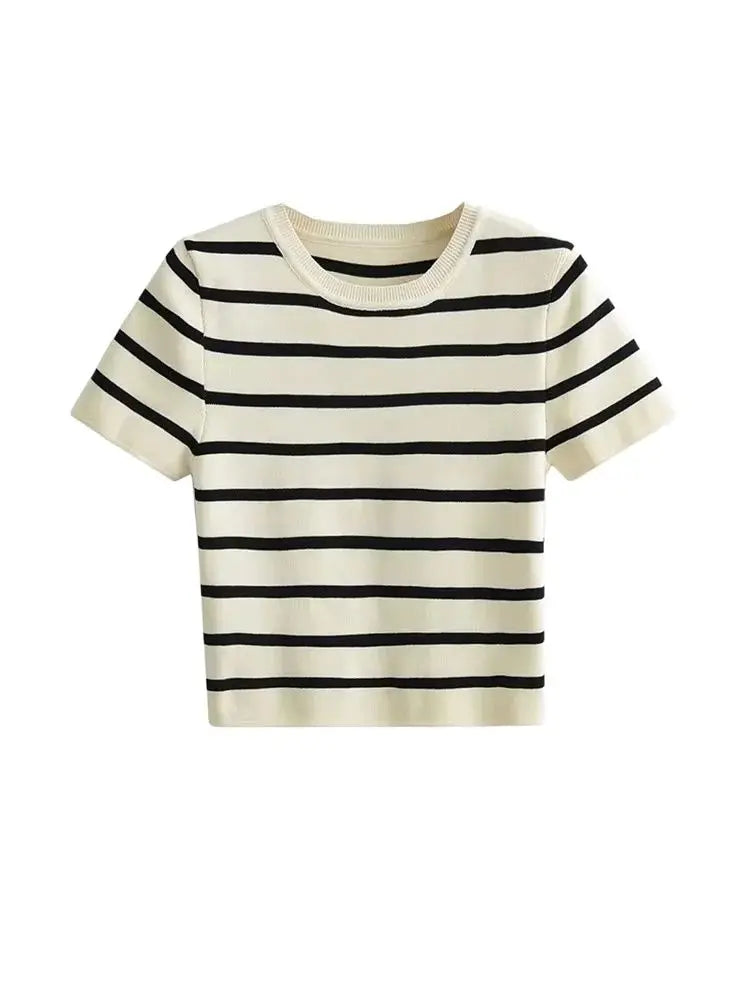 Women Fashion Striped Basic Cropped Knit Sweater