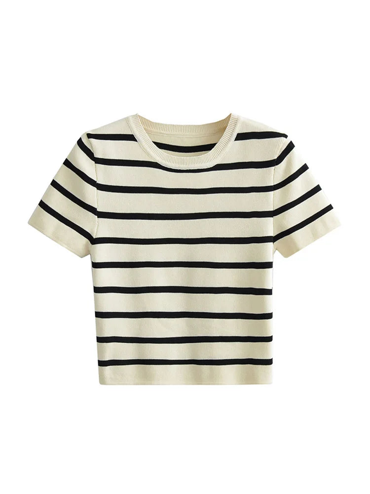 Women Fashion Striped Basic Cropped Knit Sweater - as picture 12 / S