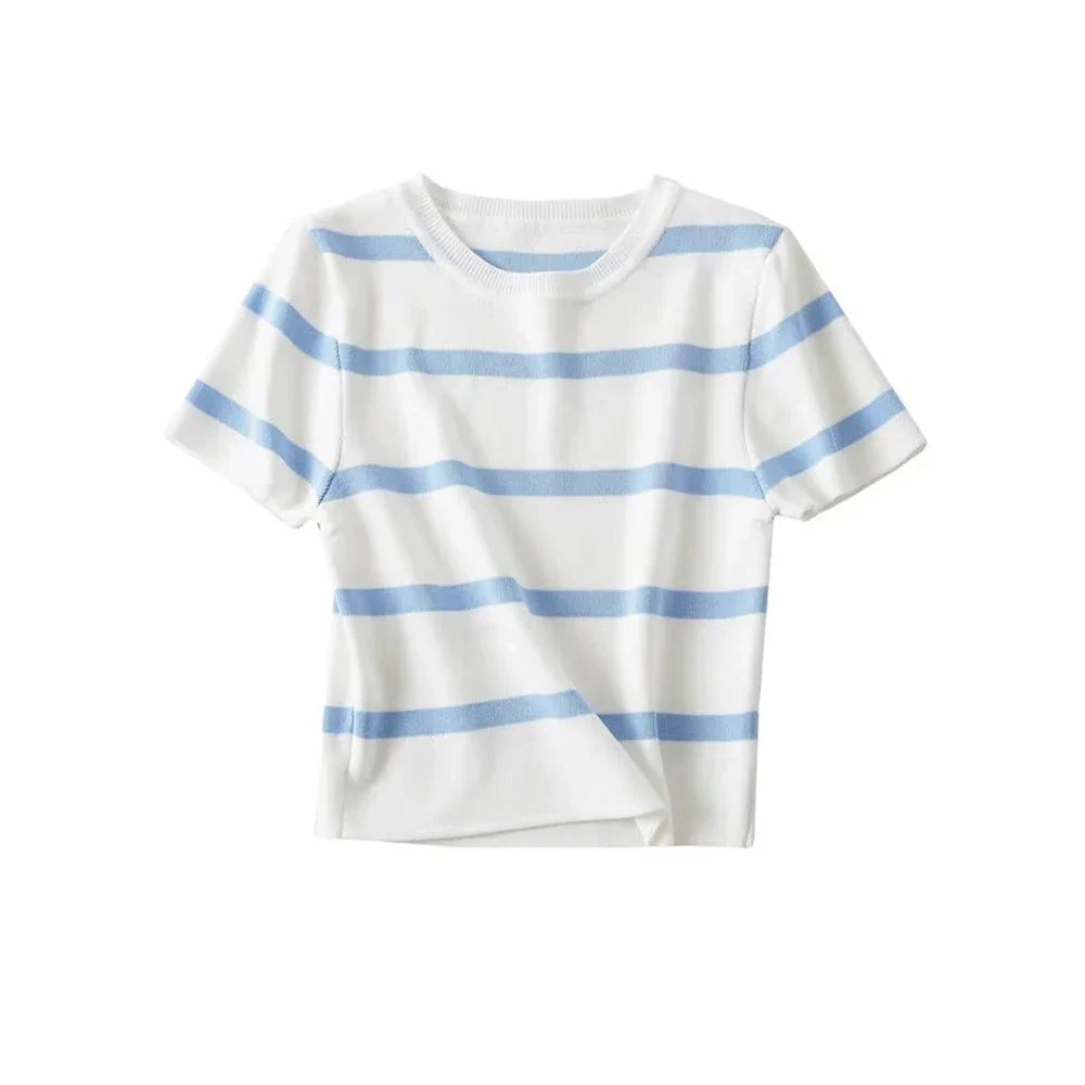 Women Fashion Striped Basic Cropped Knit Sweater - as picture / S