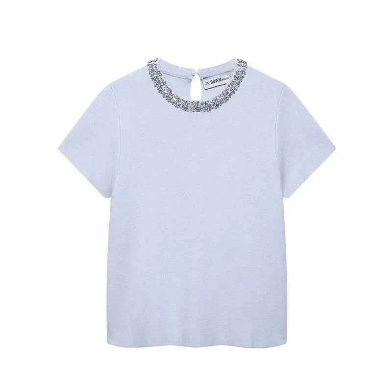 Women Fashion With Pearls Blue Knitted Pullover Sweater Vintage O-Neck Short Sleeves