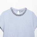Women Fashion With Pearls Blue Knitted Pullover Sweater Vintage O-Neck Short Sleeves