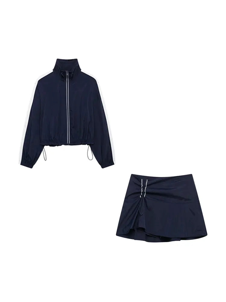 Women Fashion With Side Stripes Cropped Jacket Coat And High Waist Elastic Drawstring Skort