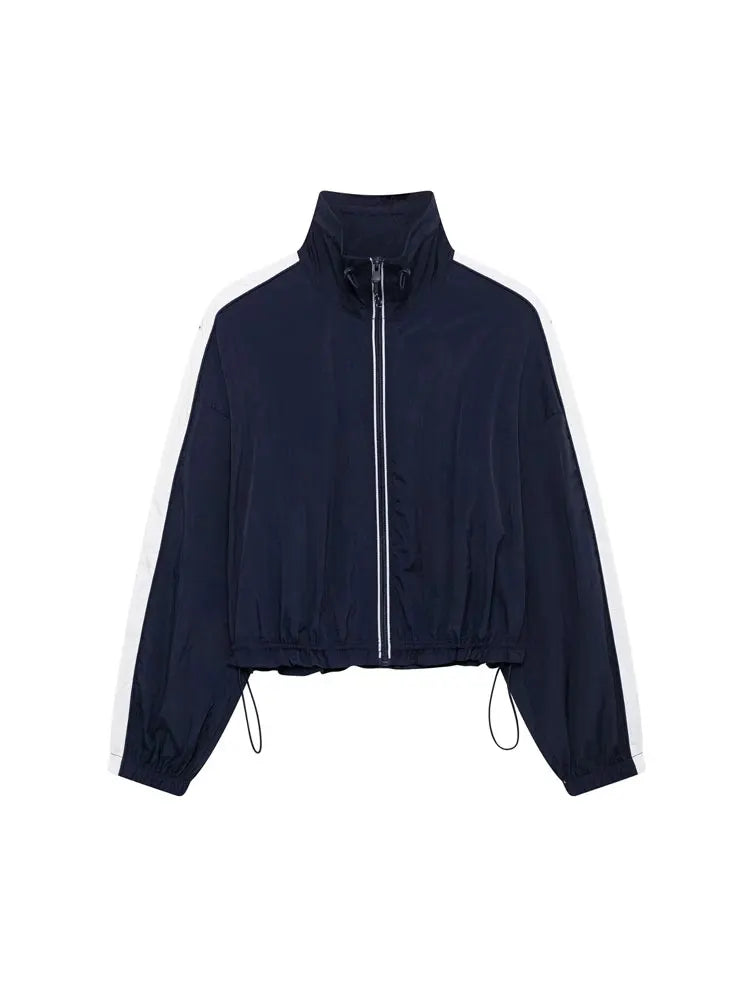 Women Fashion With Side Stripes Cropped Jacket Coat And High Waist Elastic Drawstring Skort