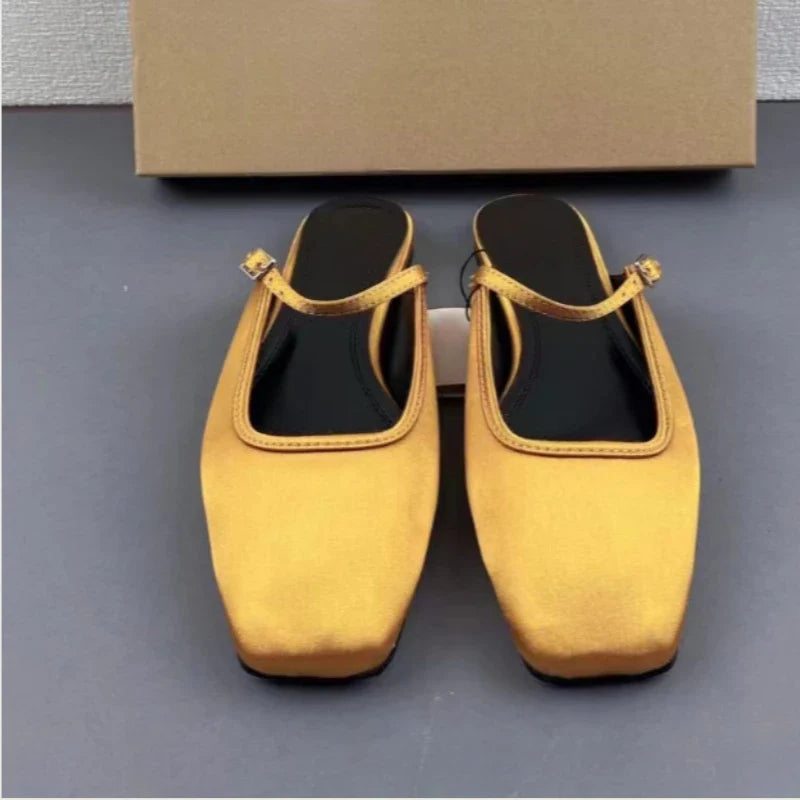 Women Flats Square Toe Buckle Strap Breathable Mules