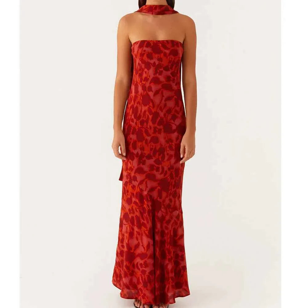 Women Floral Tube Maxi Dress with Scarf