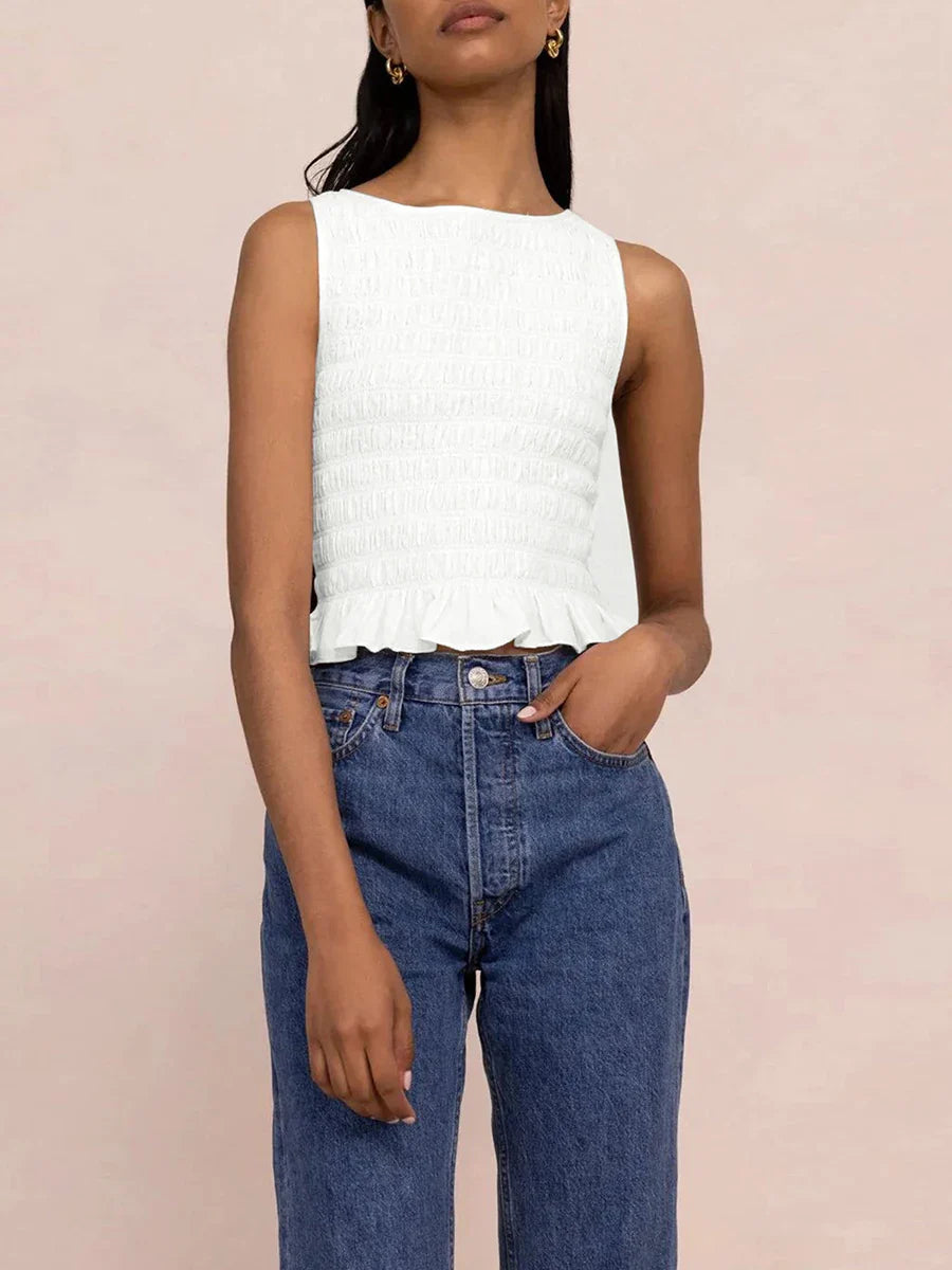 Women Frill Smocked Vest Sleeveless Shirred Ruffle Tank Top