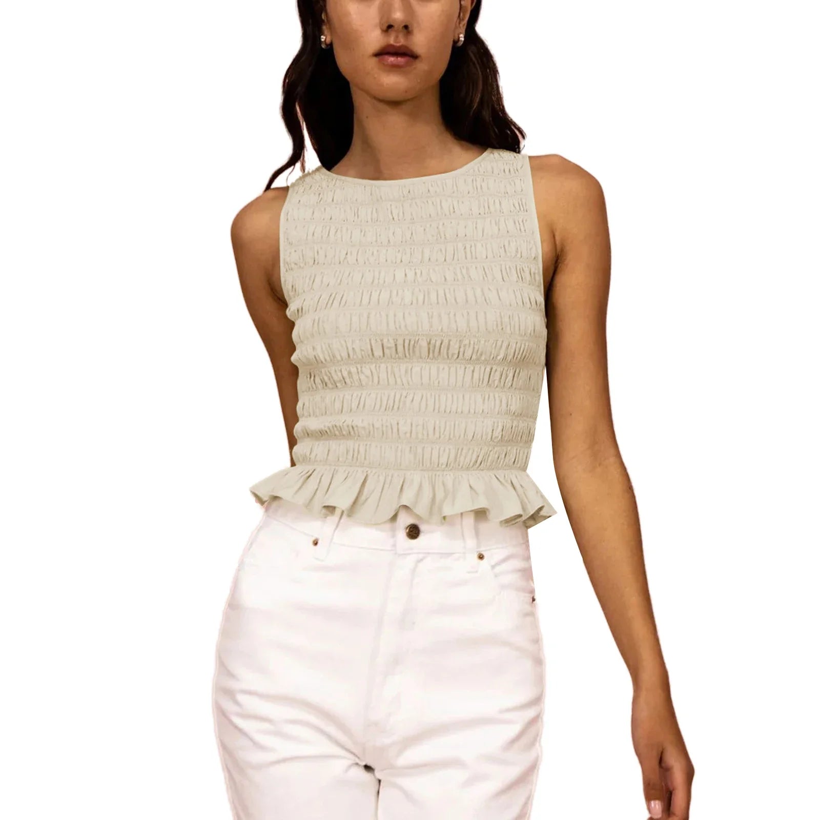 Women Frill Smocked Vest Sleeveless Shirred Ruffle Tank Top - APRICOT / L