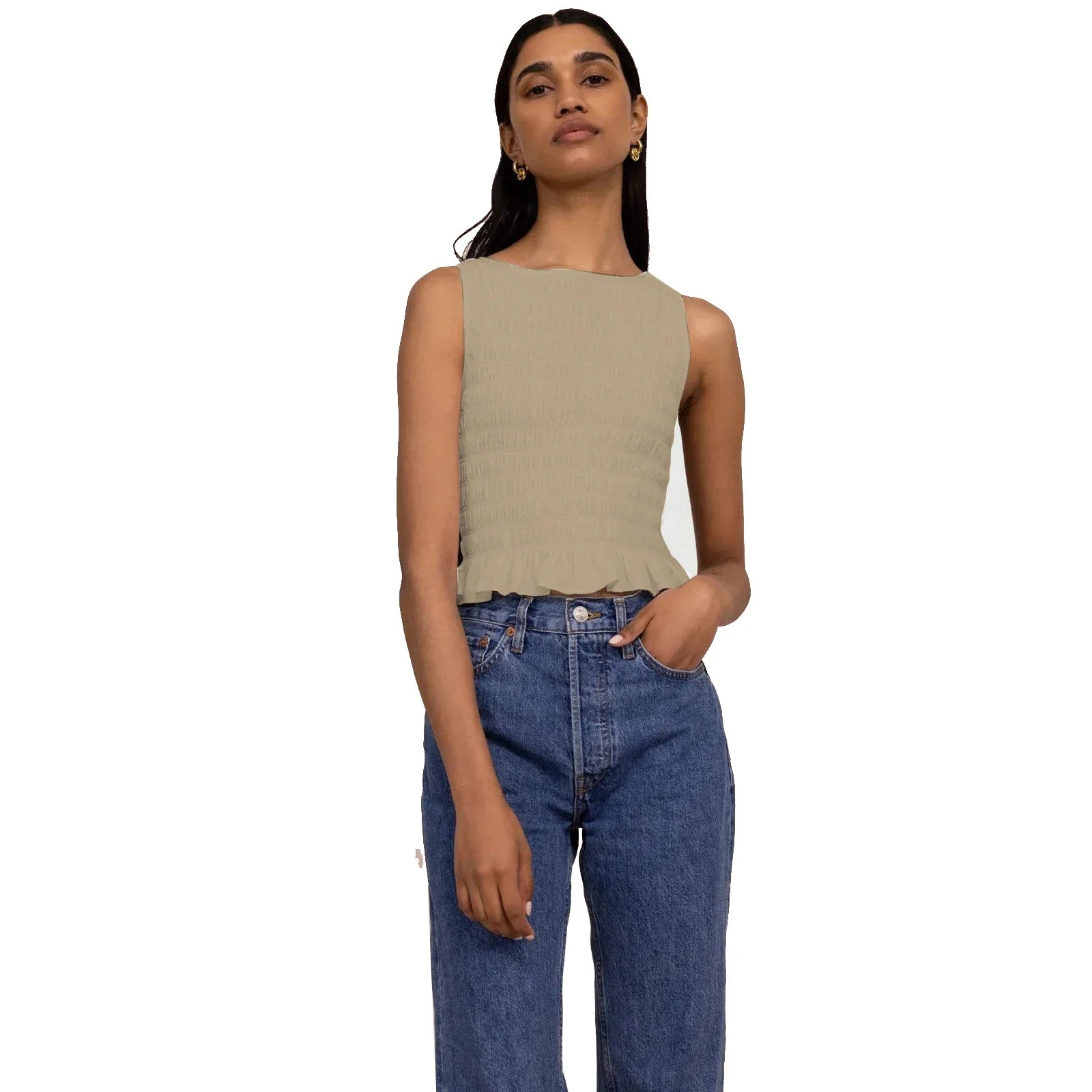 Women Frill Smocked Vest Sleeveless Shirred Ruffle Tank Top - Khaki / S