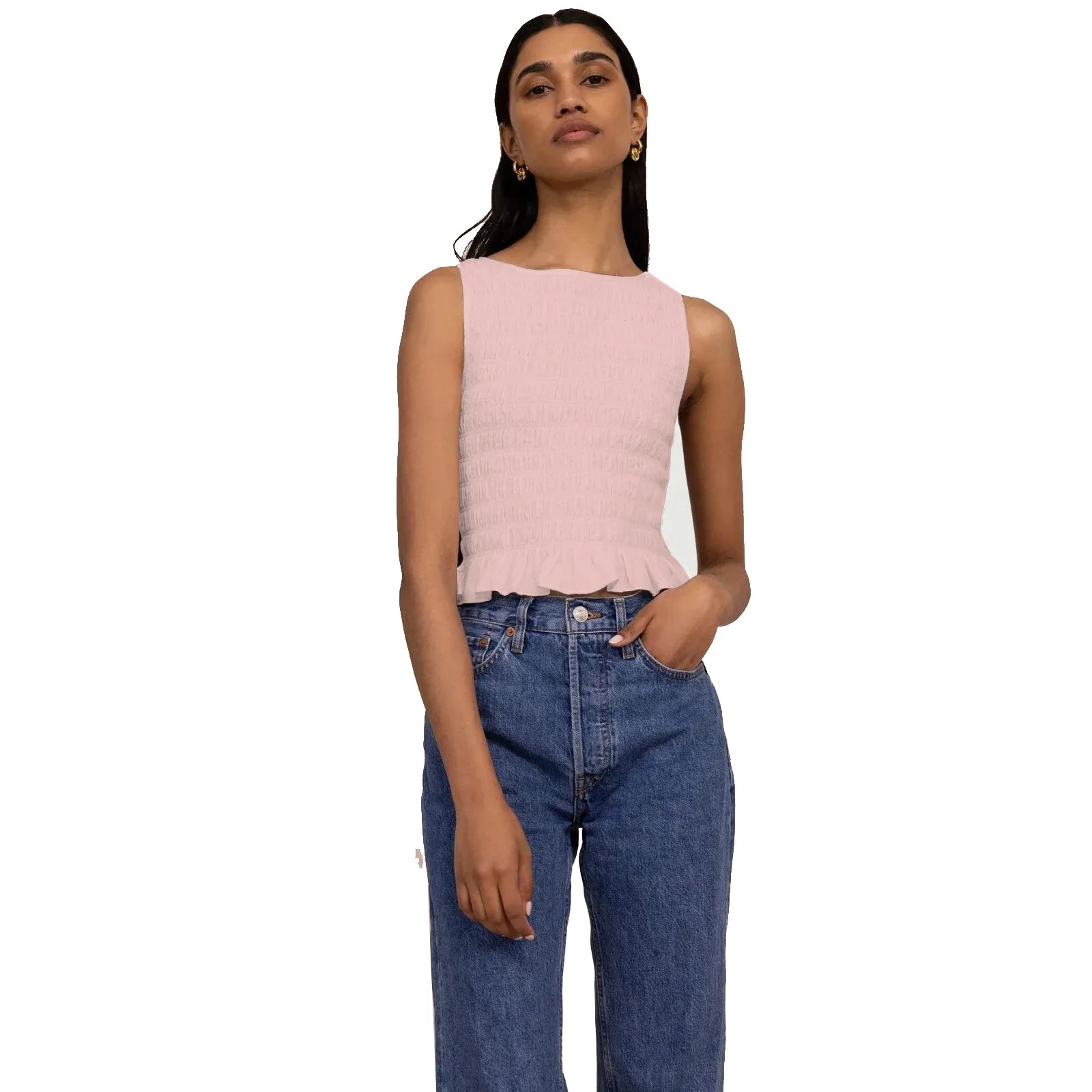 Women Frill Smocked Vest Sleeveless Shirred Ruffle Tank Top - Pink / L