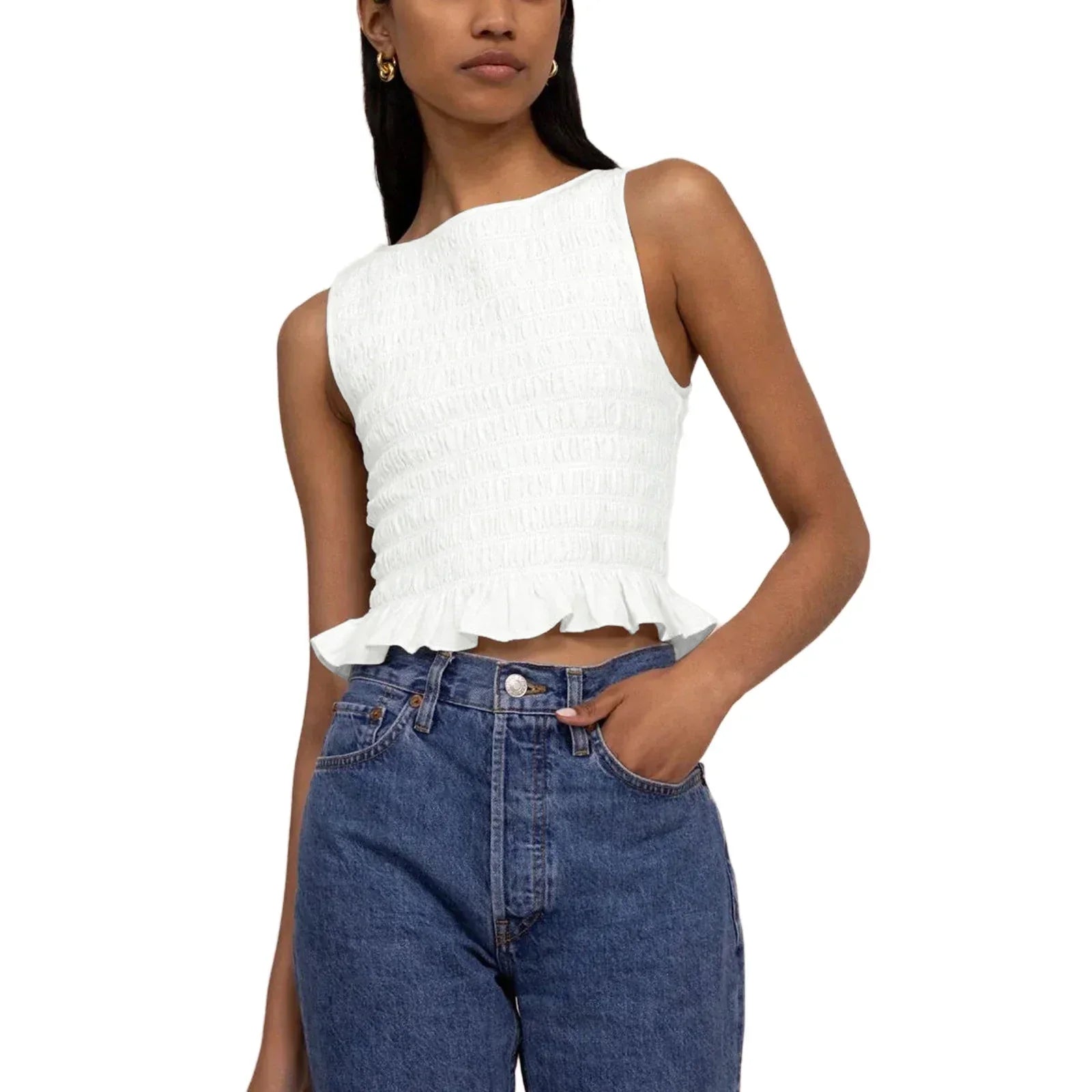 Women Frill Smocked Vest Sleeveless Shirred Ruffle Tank Top - WHITE / S