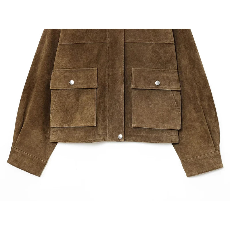 Women Front Patch Pockets Faux Leather Bomber Jacket