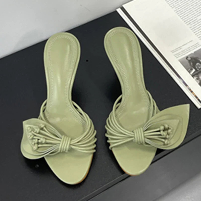 Women Green Leaf Narrow Band Summer Slipper Sandal