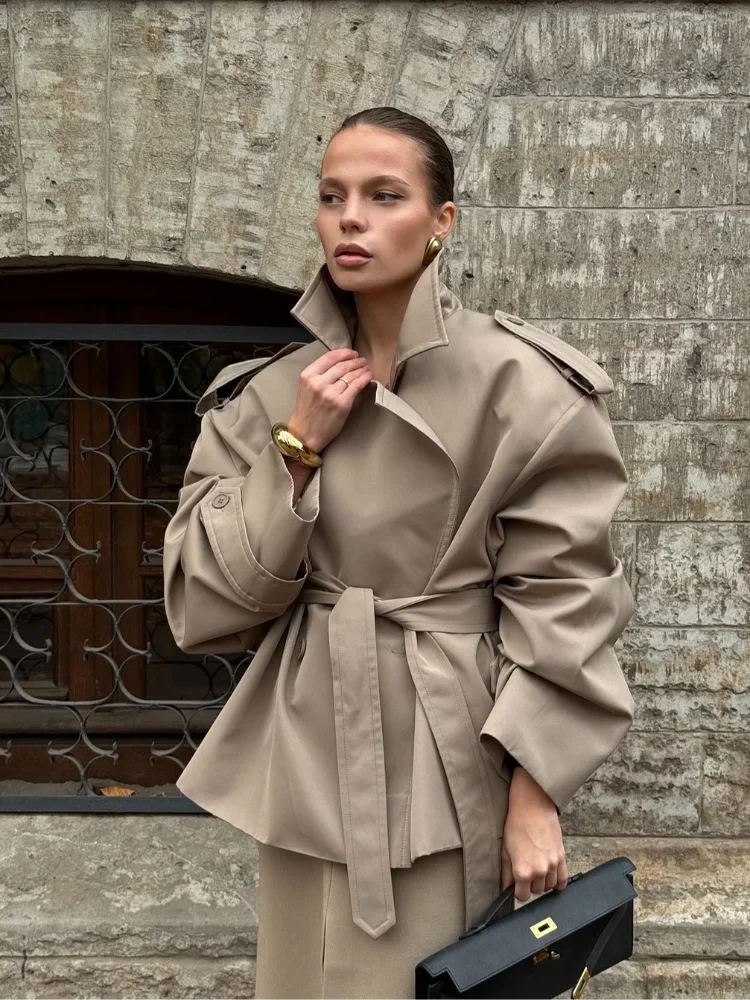 Women Khaki Belted Cotton Blend Coat