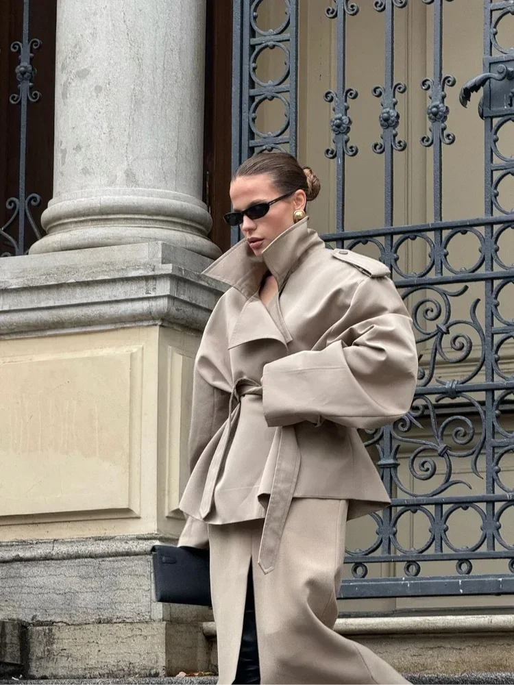 Women Khaki Belted Cotton Blend Coat