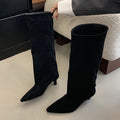 Women Knee-High Boots Street Style Pointed Toe Thin Low Heels - Black / 36