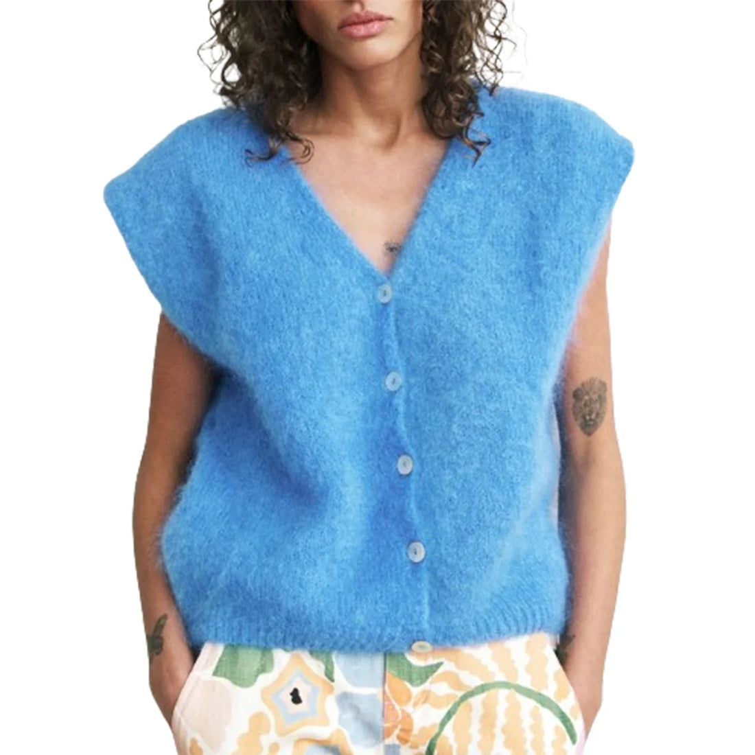 Women Knit Vest Elegant Furry Sleeveless Button - Blue / M