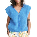 Women Knit Vest Elegant Furry Sleeveless Button - Blue / M