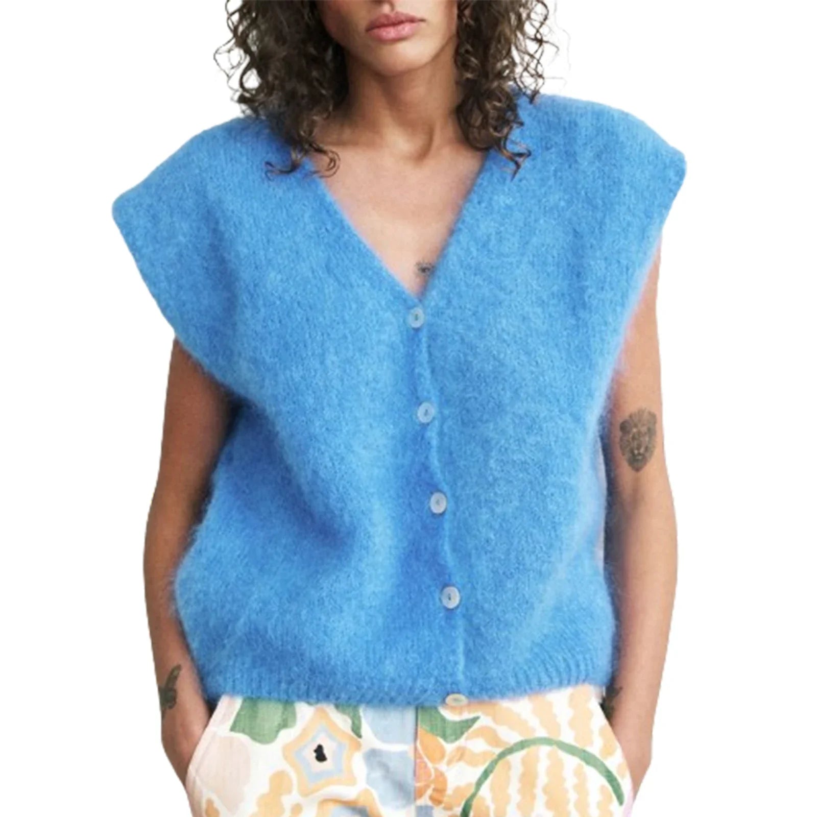 Women Knit Vest Elegant Furry Sleeveless Button - Blue / M