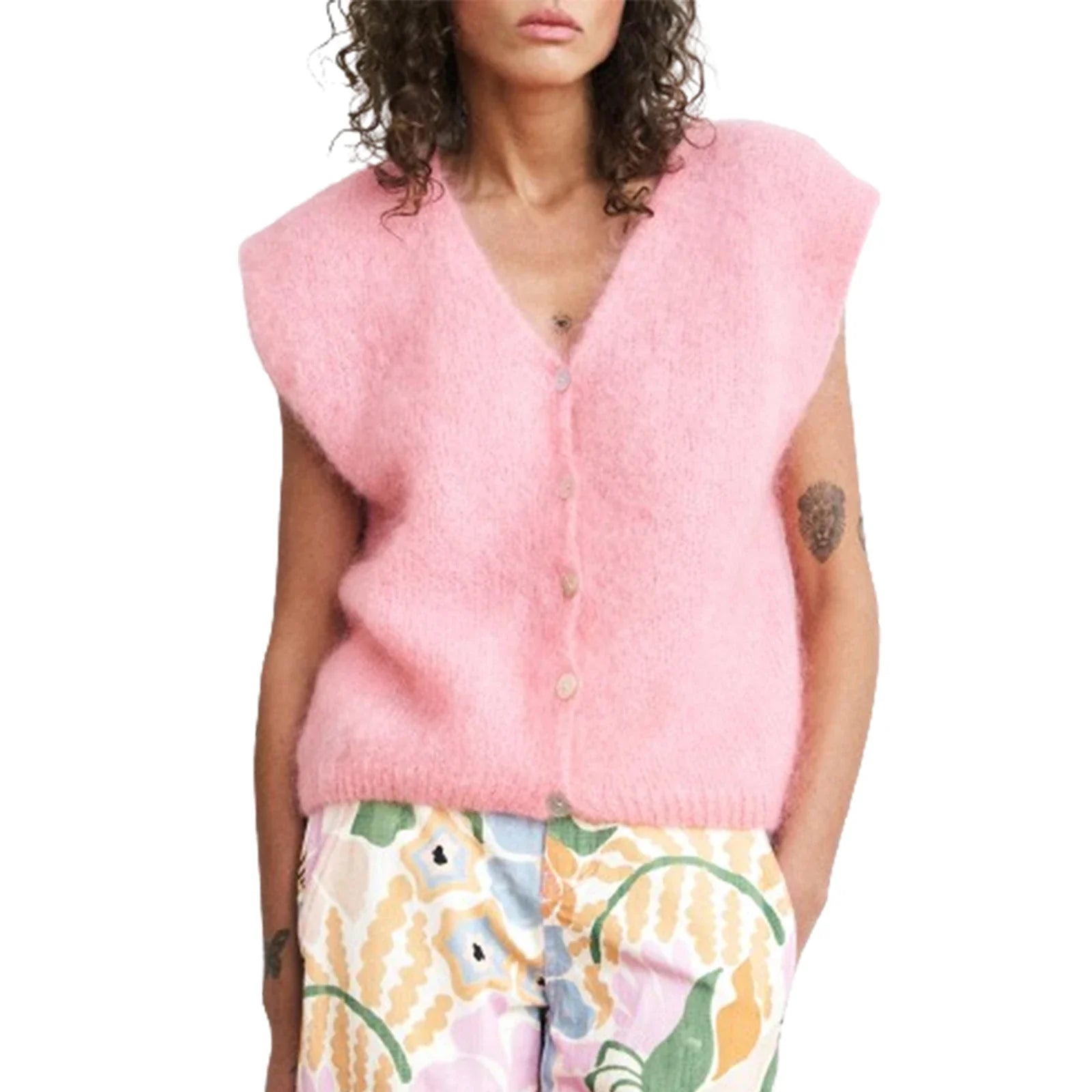 Women Knit Vest Elegant Furry Sleeveless Button - Pink / M