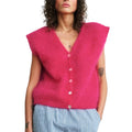 Women Knit Vest Elegant Furry Sleeveless Button - Rose Red / L